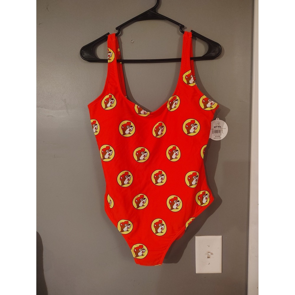 Buc-ee's Womens Red All Over Logo Print One Piece Swimsuit Size Medium NWT